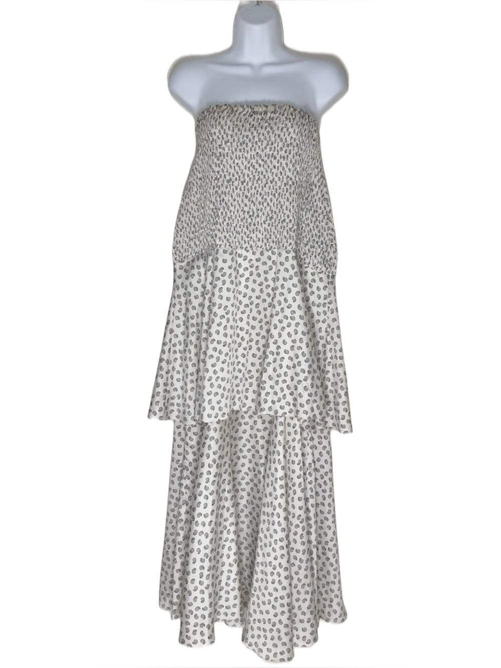 Iorane Strapless Tiered Light Cream  & Black Printed Maxi Dress Size 38 S